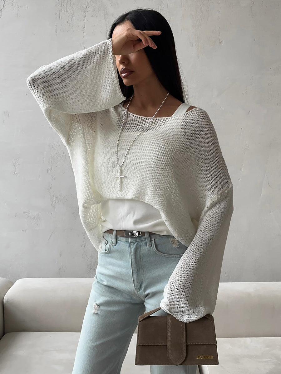 Simple Solid Color Long Sleeved Sweater Spring Knitted Hollow Out Cutout Top Casual Sweater - Iyanka