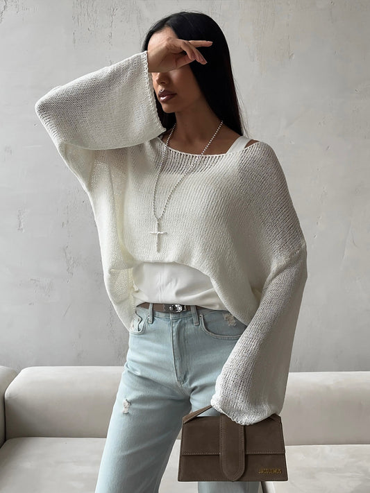 Simple Solid Color Long Sleeved Sweater Spring Knitted Hollow Out Cutout Top Casual Sweater - Iyanka