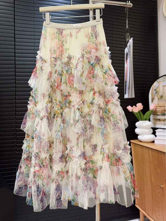 Heavy Industry Stitching Printing Net Yarn Cake Skirt Skirt Women Floral Puffy Long Skirt