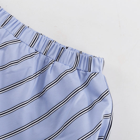 Women Striped Skirt Set round Neck Long Sleeve Tied Pullover Top Office Two Piece Set - Iyanka