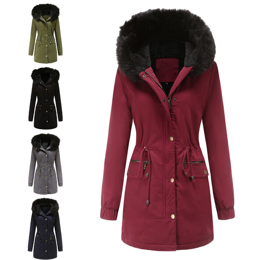 Autumn Winter Parka Women Fleece Lined Coat Women with Fur Collar Hooded Warm Jacket Loose Cotton Coat Plus Size - Iyanka