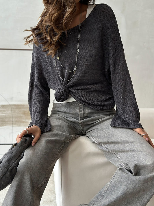 Simple Solid Color Long Sleeved Sweater Spring Knitted Hollow Out Cutout Top Casual Sweater - Iyanka