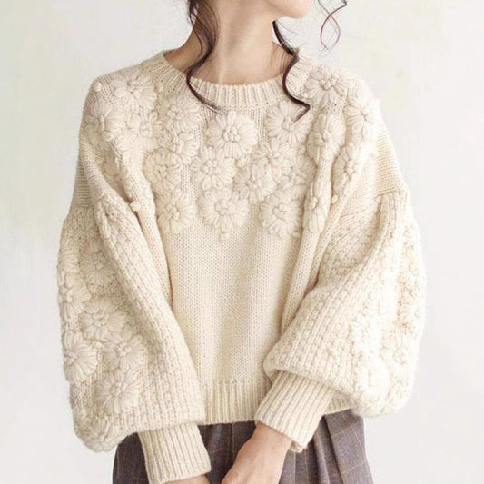 Autumn Winter Fresh Machine Embroidery Three Dimensional Little Daisy Pullover round Neck Loose Knitted Sweater - Iyanka