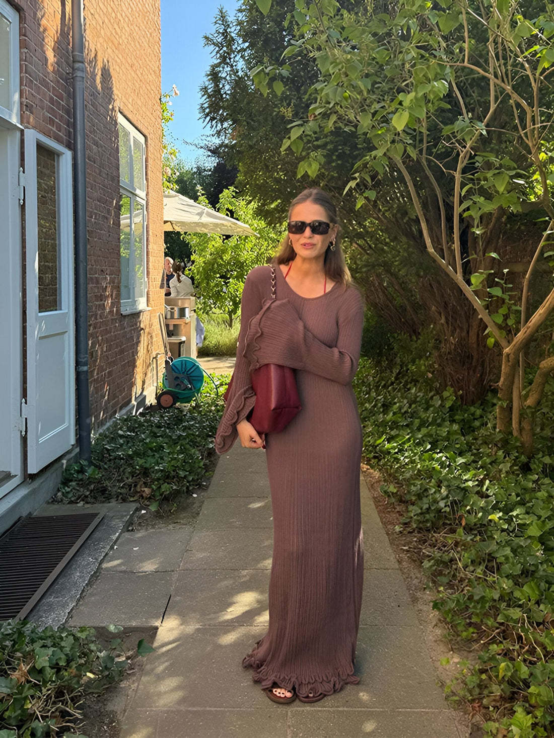 Women Clothing at Pleated Wavy Side Backless Lace up Long Sleeve Dress