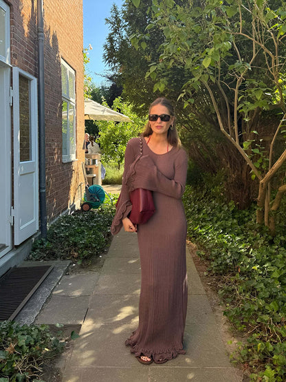 Women Clothing at Pleated Wavy Side Backless Lace up Long Sleeve Dress