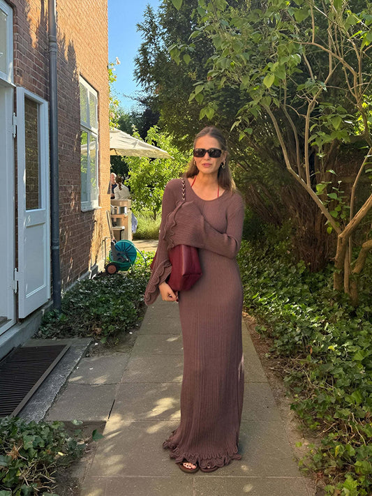 Women Clothing at Pleated Wavy Side Backless Lace up Long Sleeve Dress