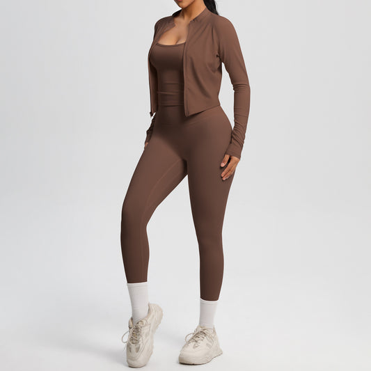Skinny Yoga Pants High Waist Nude Feel Camisole Sports Zip Long Sleeve Coat Workout Clothes Three Piece Set - Iyanka