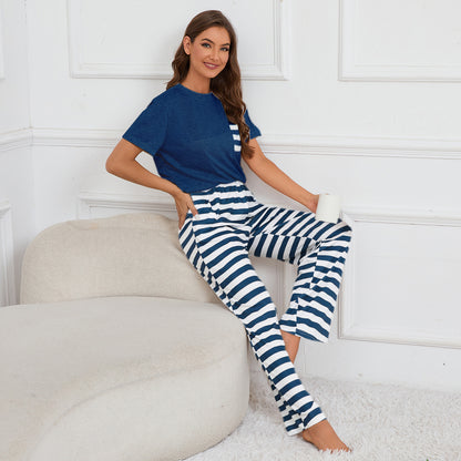 Real Shot round Neck Short Sleeve Top Striped Printed Lace Trousers Home Wear Pajamas Suit for Women - Iyanka