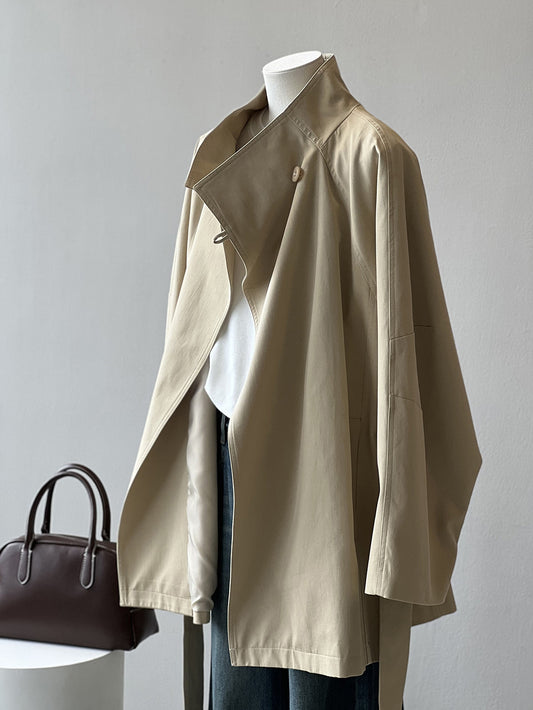 Retro Elegant Mid Length Trench Coat Women Spring Loose Waist Stand Collar Top - Iyanka