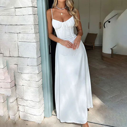 Spring Women Clothing Elegant Lace up A line Solid Color Sling Dress
