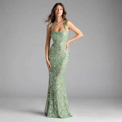 Women Dress Spring Summer Sexy Strap Backless High Slit Socialite Dress