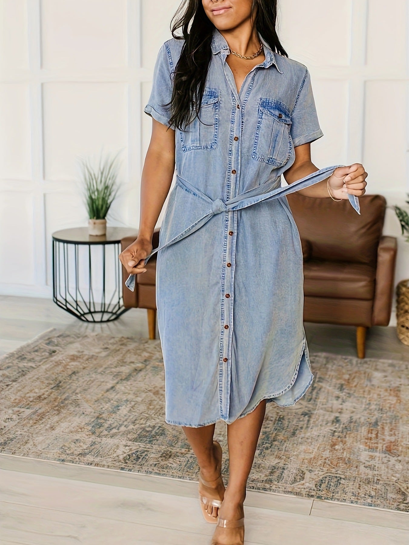 Ladies Collegial College Casual Loose Lace up Shirt Dress Denim Long