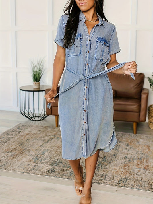 Ladies Collegial College Casual Loose Lace up Shirt Dress Denim Long