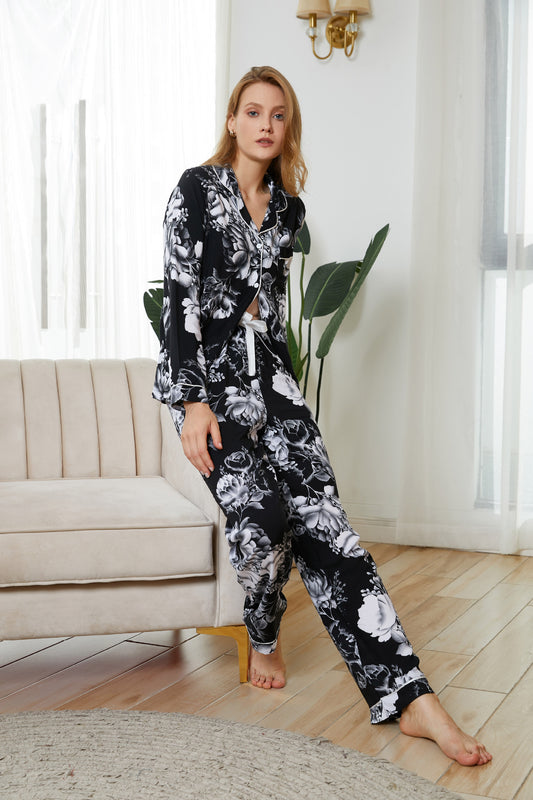 Long Sleeved Trousers Rayon V neck Pajamas Comfort Printing Summer Thin Pajamas Casual Set - Iyanka