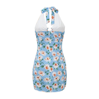 Summer Women Clothing Printed Sexy Halter Backless Dress Swimsuit