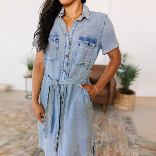 Ladies Collegial College Casual Loose Lace up Shirt Dress Denim Long