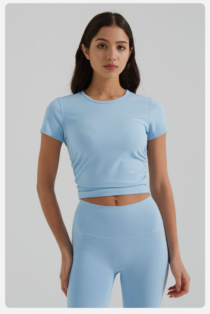 Nude Feel Yoga Clothes Women Slim Fit Pleating Stretchy Slim Fit Sports Yoga Short Sleeve Summer Breathable Workout Top - Iyanka