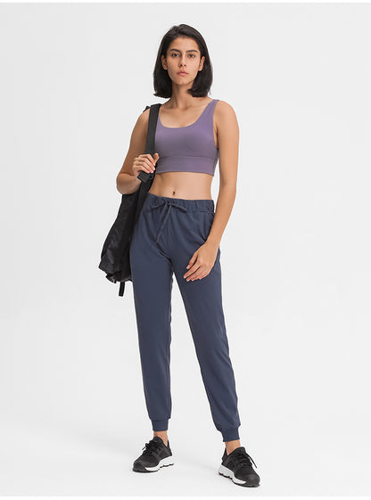 Spring Summer Elastic Lace-up Waist Yoga Pants Simple Straight Sports Casual Elastic Ankle-Tied Cropped Pants for Women - Iyanka