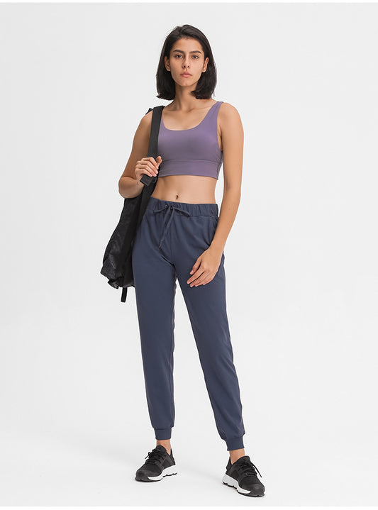 Spring Summer Elastic Lace-up Waist Yoga Pants Simple Straight Sports Casual Elastic Ankle-Tied Cropped Pants for Women - Iyanka