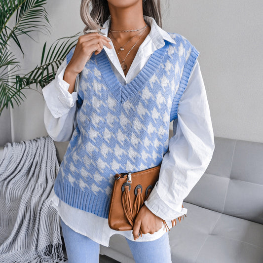 Autumn Winter V-neck Houndstooth Casual Loose Knitted Vest Sweater Waistcoat Women Clothing - Iyanka