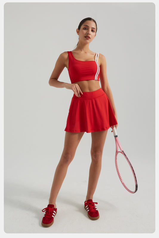 Contrasting Color Thread Yoga Clothes Sports Women Removable Bra Faux Two Piece Anti Exposure Half-Body Tennis Skirt Two Piece Sets - Iyanka