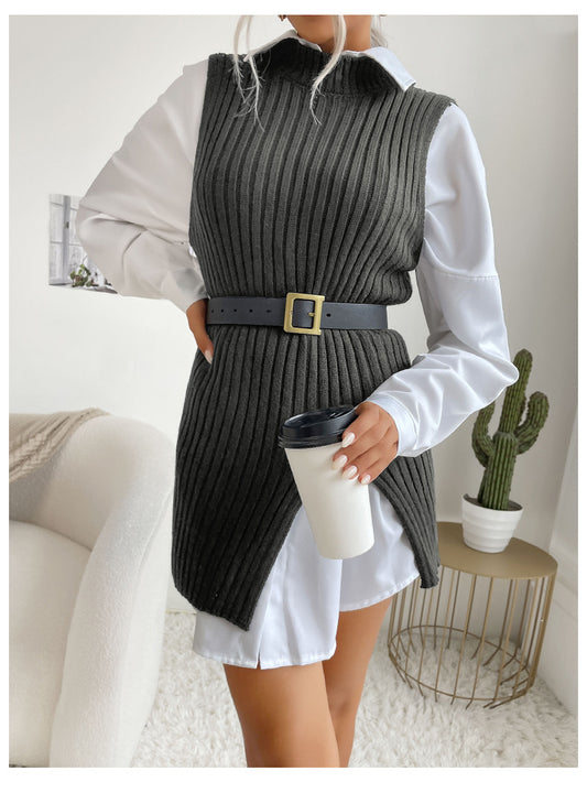 Dedicated for Early Autumn Middle East Women Split Solid Color Mid Length Vest Sweater - Iyanka