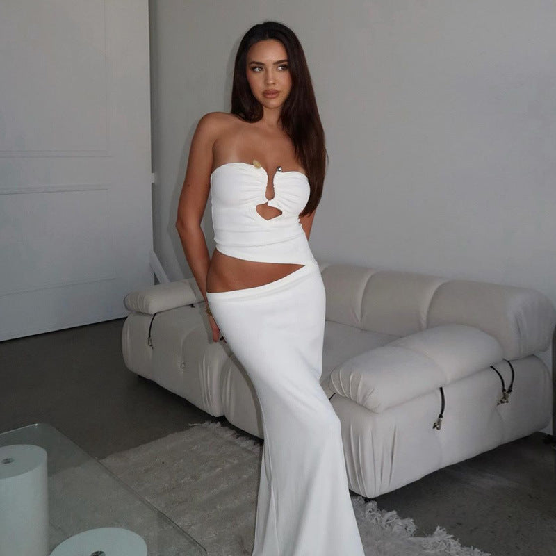 Sexy Tube Top Stitching Steel Ring Cropped Outfit Sheath Long Adult Lady like Woman Dress Women