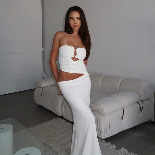 Sexy Tube Top Stitching Steel Ring Cropped Outfit Sheath Long Adult Lady like Woman Dress Women