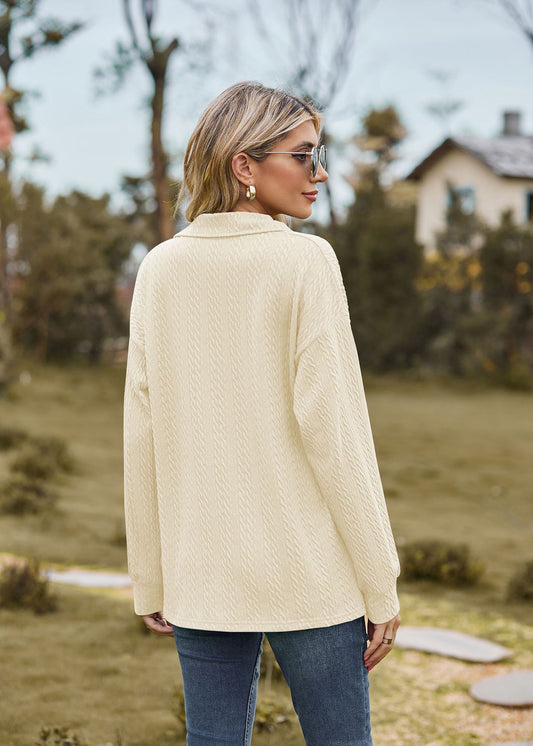 Autumn Winter Solid Color Polo Collar Loose Long Sleeve Sweatershirt Coat Women Jacket - Iyanka
