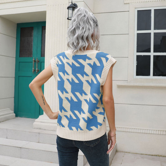 Houndstooth V-neck Vest Sweater Women Vest Outer Wear Inner Wear Autumn Winter Knitwear Sweater Boucle - Iyanka