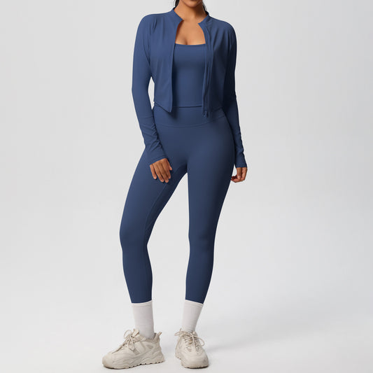 Skinny Yoga Pants High Waist Nude Feel Camisole Sports Zip Long Sleeve Coat Workout Clothes Three Piece Set - Iyanka