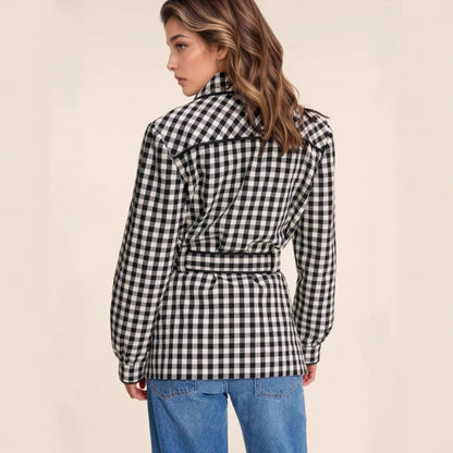 Women Wear Plaid Button Long Sleeve Peter Pan Collar Lace up All Match Slim Fit Cardigan Coat - Iyanka