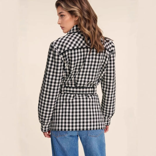 Women Wear Plaid Button Long Sleeve Peter Pan Collar Lace up All Match Slim Fit Cardigan Coat - Iyanka