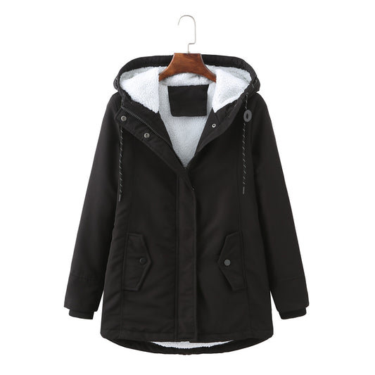 Ladies Hooded Lambswool Parka Winter Warm Waist Women Cotton-Padded Coat - Iyanka