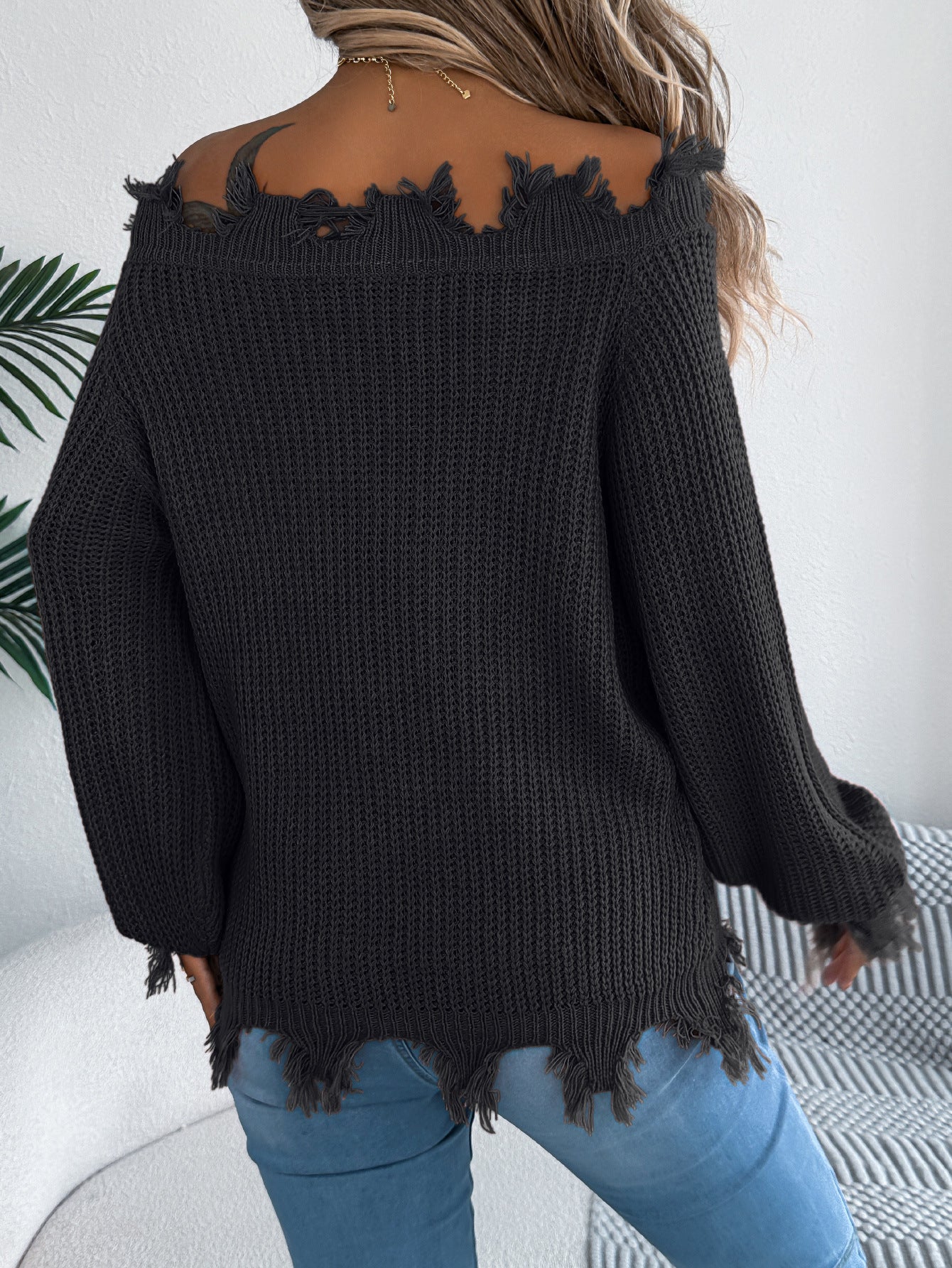Autumn Winter Solid Color Hollow Out Cutout out Long Sleeve Cut off Shoulder Pullover Sweater Women Clothing - Iyanka