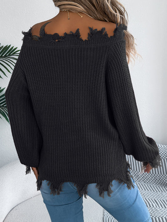 Autumn Winter Solid Color Hollow Out Cutout out Long Sleeve Cut off Shoulder Pullover Sweater Women Clothing - Iyanka
