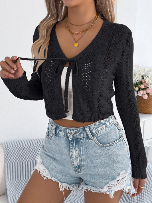 Early Autumn Casual Lace up Cutout Long Sleeved Sweater Cardigan Women Clothing - Iyanka