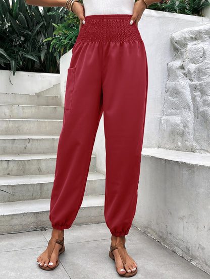 Women Clothing Elastic Waist High Waist Wide Leg Ankle Length Pants - Iyanka