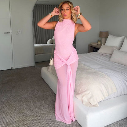 Women Clothing Solid Color Sleeveless Stand up Collar Slim Fit Embellished Pleated A line Maxi Dress