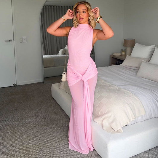 Women Clothing Solid Color Sleeveless Stand up Collar Slim Fit Embellished Pleated A line Maxi Dress