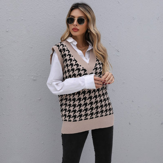 Early Autumn Women Wear Mid Length Houndstooth Sweater Vest for Women - Iyanka
