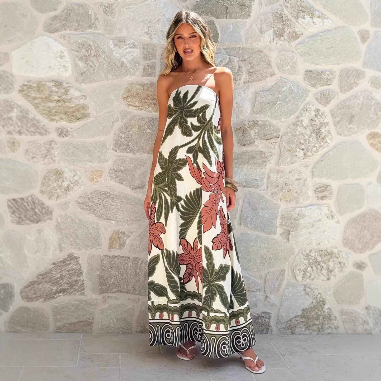 Summer Printed Maxi Dress French Vacation Sexy Bandeau Dress