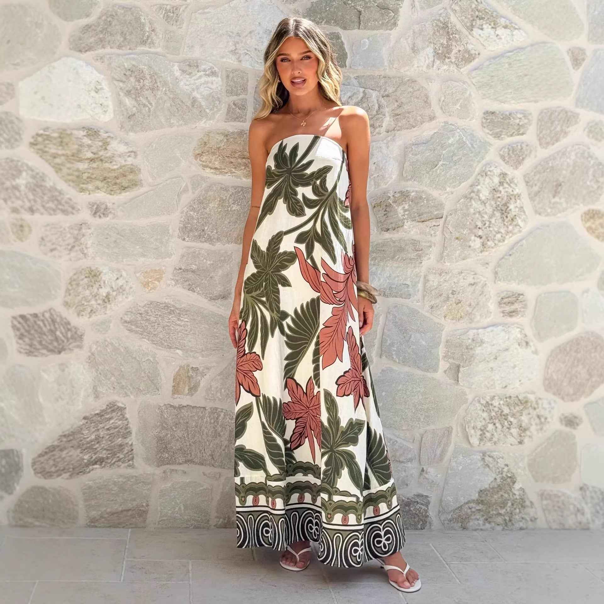 Summer Printed Maxi Dress French Vacation Sexy Bandeau Dress