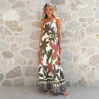 Summer Printed Maxi Dress French Vacation Sexy Bandeau Dress