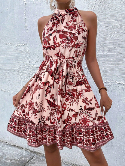 Summer Women Clothing Floral Tight Waist Halter Lace up Dress