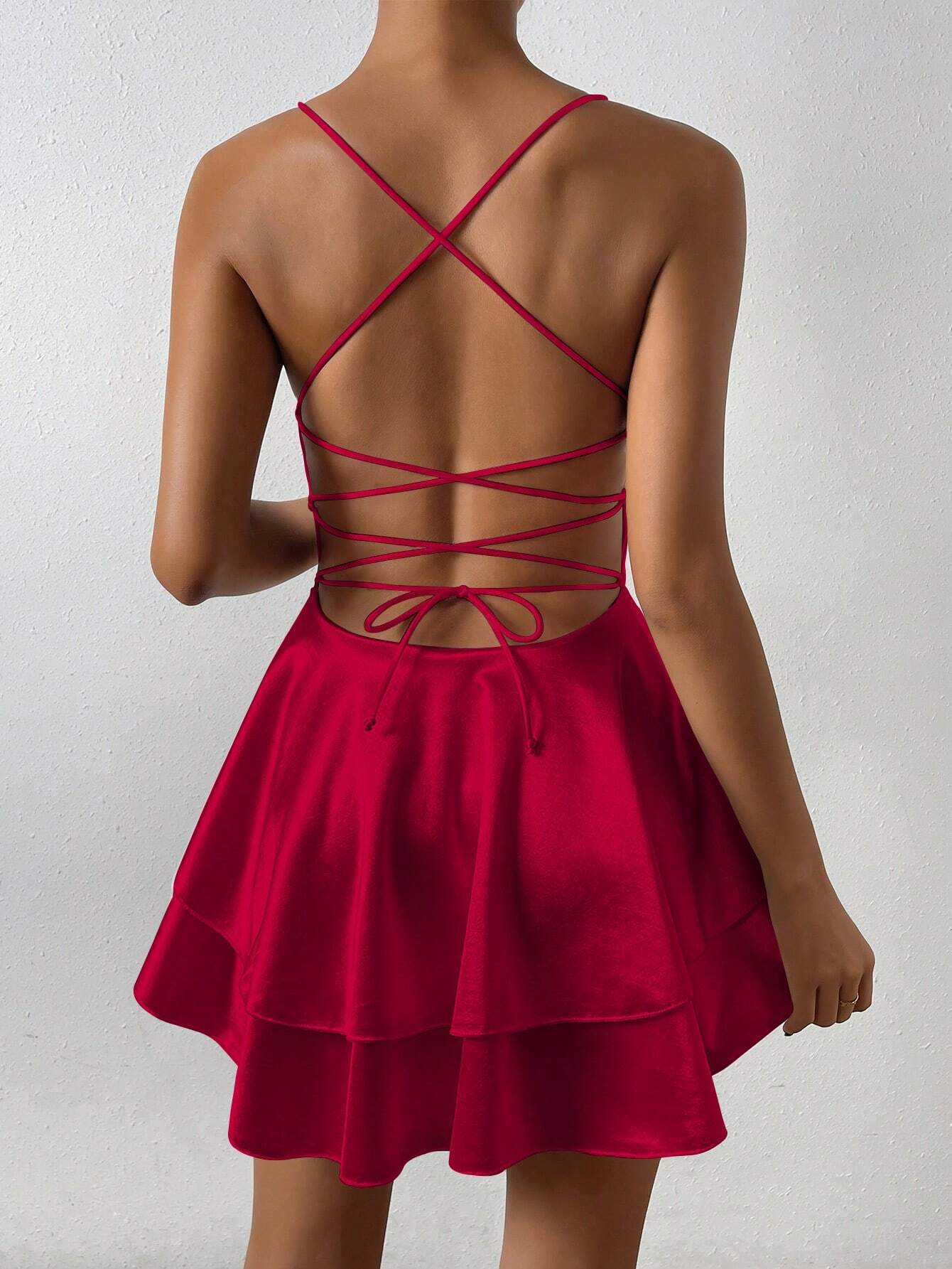 Spring Summer Women Clothing Sexy Backless Waist Trimming Sling Satin Mini Lotus Leaf Dress - Iyanka