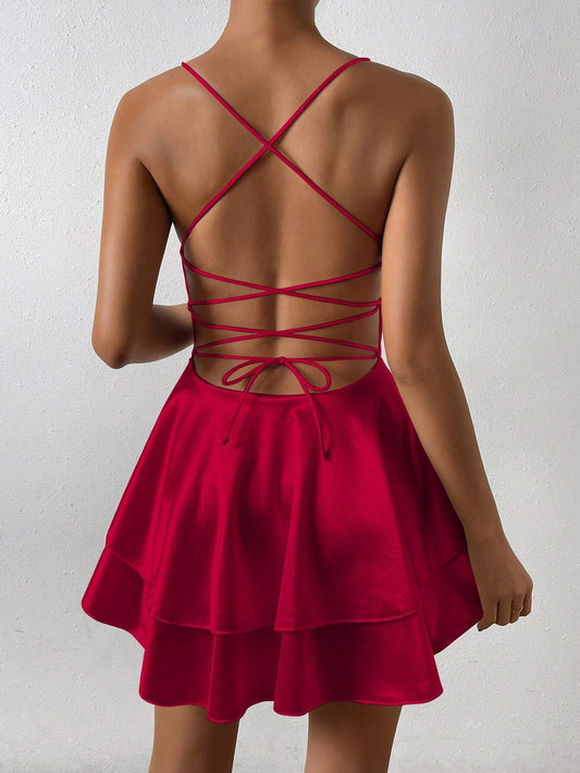 Spring Summer Women Clothing Sexy Backless Waist Trimming Sling Satin Mini Lotus Leaf Dress - Iyanka