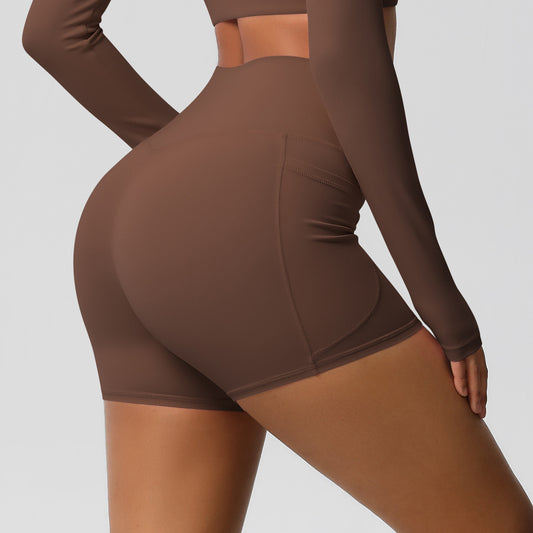 Solid Color Ribbon Pocket Yoga Pants Sports Fitness Shorts Breathable High Waist Belly Contracting Yoga Shorts for Women - Iyanka