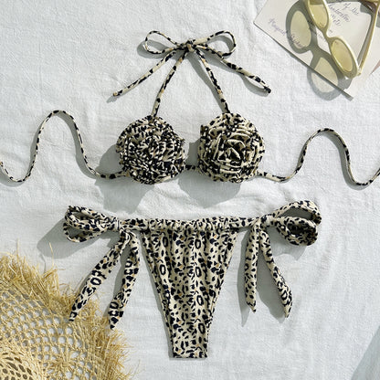 Leopard Print Floral Sexy Drawstring Strap Split Swimsuit Swimwear Bikini - Iyanka