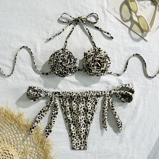 Leopard Print Floral Sexy Drawstring Strap Split Swimsuit Swimwear Bikini - Iyanka